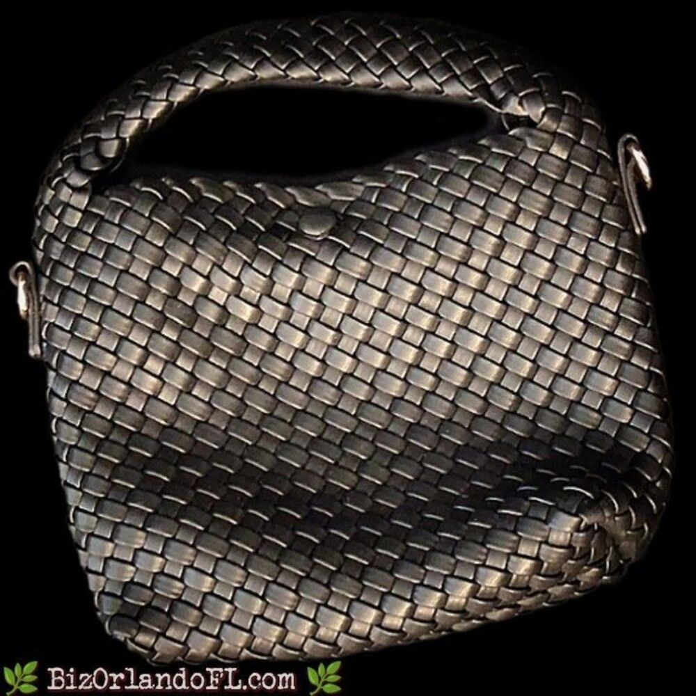 Metallic Pewter Woven Hobo Shoulder Bag Vegan Leather